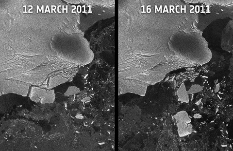 Trận sóng thần tại Nhật Bản hôm 11/3 mạnh đến nỗi nó phá tan băng ở Nam Cực. Hai bức ảnh trên được chụp trước và sau khi sóng thần xảy ra. Ảnh: ESA. 