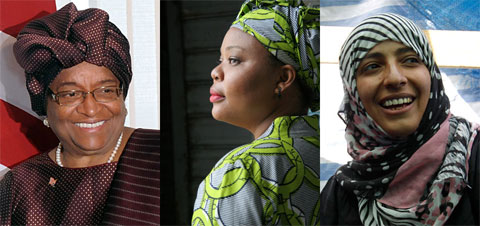 Từ trái qua: Sirleaf, Gbowee và Karman. Ảnh: Nobelprize