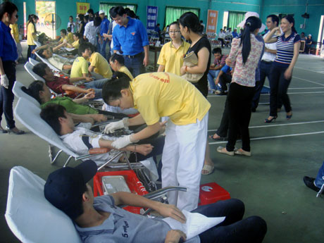 Sinh viên Trường CĐ Nông - Lâm Đông Bắc hiến máu tình nguyện.