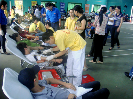 Sinh viên Trường Cao đẳng Nông - Lâm Đông Bắc tham gia hiến máu tình nguyện.