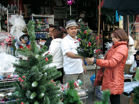Thị trường quà tặng Giáng sinh rất phong phú, đa dạng về mẫu mã, hình thức các mặt hàng. Trong ảnh: Khách hàng mua cây thông Noel tại cửa hàng số 158, Lê Thánh Tông (TP Hạ Long).