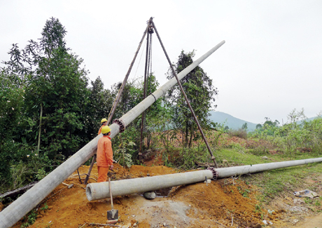 Hệ thống cột điện đang được dựng khẩn trương đảm bảo tiến độ kéo điện lưới quốc gia về bản cho nhân dân vùng cao xã Hoành Mô (Bình Liêu).