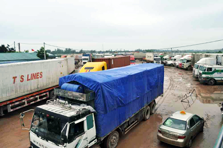 Xe chở container chờ làm hàng tại bến của Công ty Tây Bắc (Móng Cái).