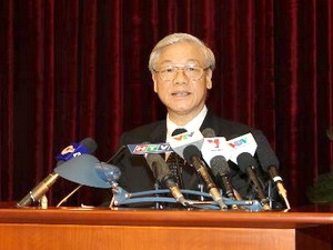 Tổng Bí thư Nguyễn Phú Trọng phát biểu bế mạc Hội nghị lần thứ 5 Ban Chấp hành Trung ương Đảng khóa XI. (Ảnh: Trí Dũng/TTXVN)