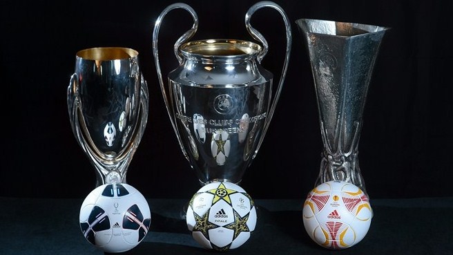 3 trái bóng sẽ được UEFA sử dụng mùa tới. Từ trái sang: Siêu cúp châu Âu, Champions League và Europa League - Ảnh Getty
