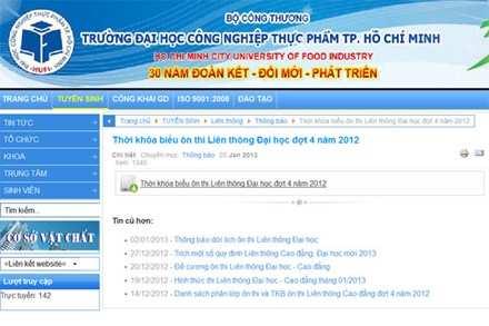 Thông báo ngày 5.1.2013 về thi liên thông đợt 4/2012 của Đại học Công nghiệp thực phẩm TP.Hồ Chí Minh. 