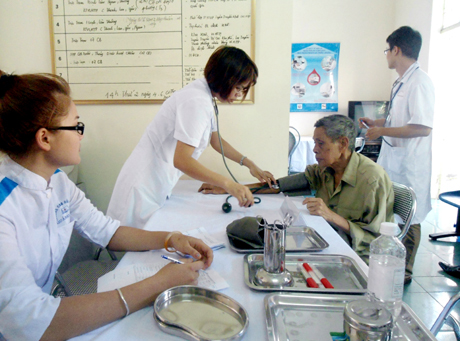 Cán bộ y tế phường Hồng Hải khám bệnh cho các thương, bệnh binh trên địa bàn.