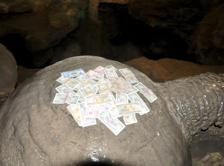 Do hình dáng khối thạch nhũ giống con rùa, nhiều du khách đã bỏ tiền lên mai rùa để cầu may mắn.