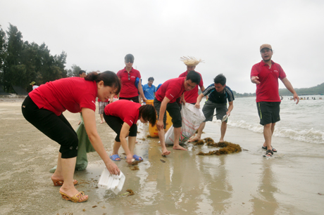 Đoàn viên thanh niên tham gia dọn vệ sinh bãi biển Cô Tô.