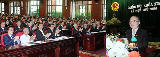 Chủ tịch Quốc hội Nguyễn Sinh Hùng đọc diễn văn khai mạc kỳ họp thứ năm. (Ảnh: Nhan Sáng/TTXVN)