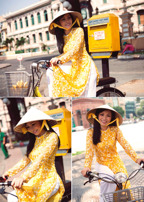 Phương Thanh đẹp toả năng trong tà áo dài vàng.