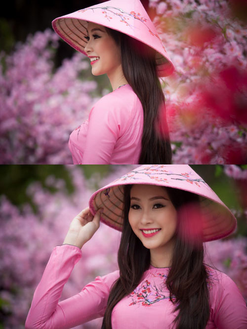 Hoa Hậu Thu Thảo nét như tranh vẽ nhờ chiếc áo dài hồng, nón lá hồng.