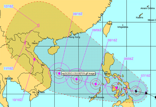 Hải quân Hoa Kỳ dự báo hướng đi của bão Haiyan chiều 8/11.