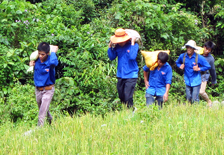 Sinh viên tình nguyện Trường Đại học Công nghiệp Quảng Ninh vận chuyển vật liệu giúp người dân Ba Chẽ làm đường nông thôn.