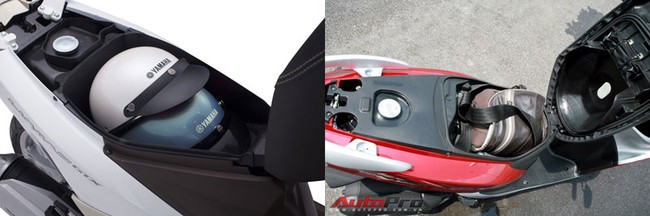 Cốp xe của Yamaha Luvias FI (trái) và Honda Vision FI.