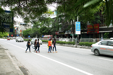 Sinh viên Trường Cao đẳng  Y tế Quảng Ninh qua đường không đúng nơi dành cho người đi bộ. (Ảnh chụp lúc 10h30 ngày 13-8-2014, đường Nguyễn Văn Cừ, phường Hồng Hải, TP Hạ Long)