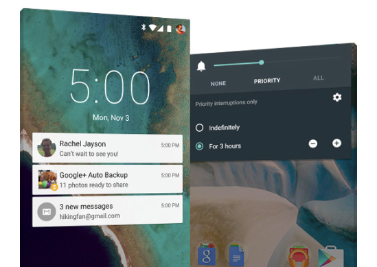 Android Lollipop cũng hỗ trợ khả năng tùy chỉnh không làm phiền giống với tính năng Do not disturb trên iOS cho phép người dùng tùy chỉnh thời gian riêng tư của mình.