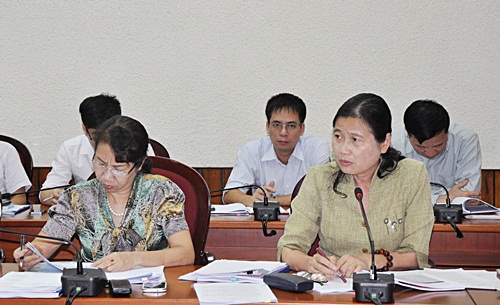 Đồng chí Đỗ Thị Hoàng, Phó Bí thư Thường trực Tỉnh ủy, trưởng đoàn ĐBQH tỉnh tham gia ý kiến tại cuộc họp