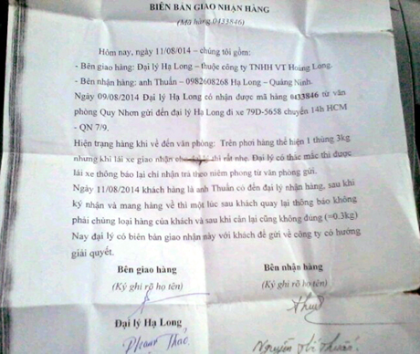 Biên bản giao nhận hàng giữa Đại lý xe khách Hoàng Long tại Hạ Long với anh Nguyễn Thế Thuấn để xác nhận hàng không đúng khối lượng.