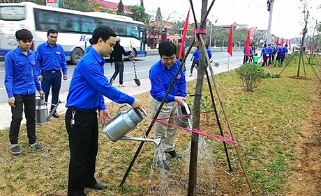 Đoàn Thanh niên TP Uông Bí trồng cây tại khu vực dọc hai bên đường Quốc lộ 18A, đoạn qua phường Nam Khê.