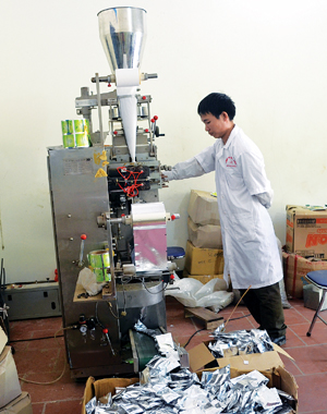 Công nhân Công ty TNHH Nuôi trồng, sản xuất và Chế biến dược liệu Đông Bắc vận hành máy đóng gói các sản phẩm trà túi lọc.