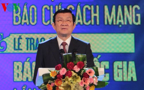 Chủ tịch nước Trương Tấn Sang phát biểu tại Lễ Kỷ niệm 90 năm Ngày báo chí cách mạng Việt Nam (ảnh: Lê Vũ)
