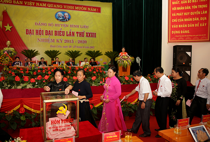 Các đại biểu bỏ phiếu bầu đoàn đại biểu dự Đại hội Đảng bộ tỉnh lần thứ XIV.