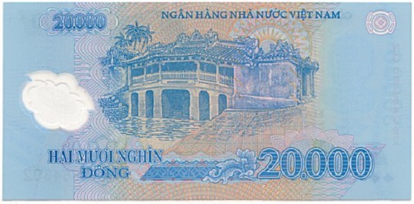 Trên tờ 20.000 đồng là hình ảnh Chùa Cầu ở hội An hay còn gọi là cầu Nhật Bản. Trước đây cây cầu này do thương nhân Nhật góp tiền xây dựng từ thế kỷ XVII.