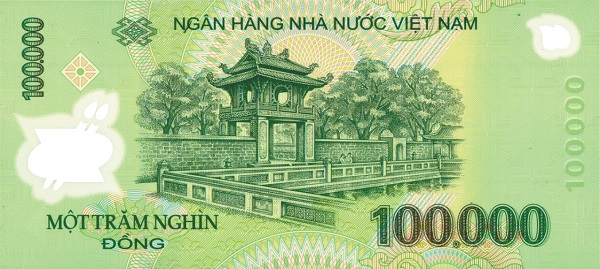 Trên tờ 100.000 đồng là hình ảnh Văn Miếu – Quốc Tử Giám, trường Đại học đầu tiên tại Việt Nam. Công trình Khuê Văn Các tại Văn Miếu – Quốc Tử Giám được chọn là biểu tượng của thủ đô Hà Nội.