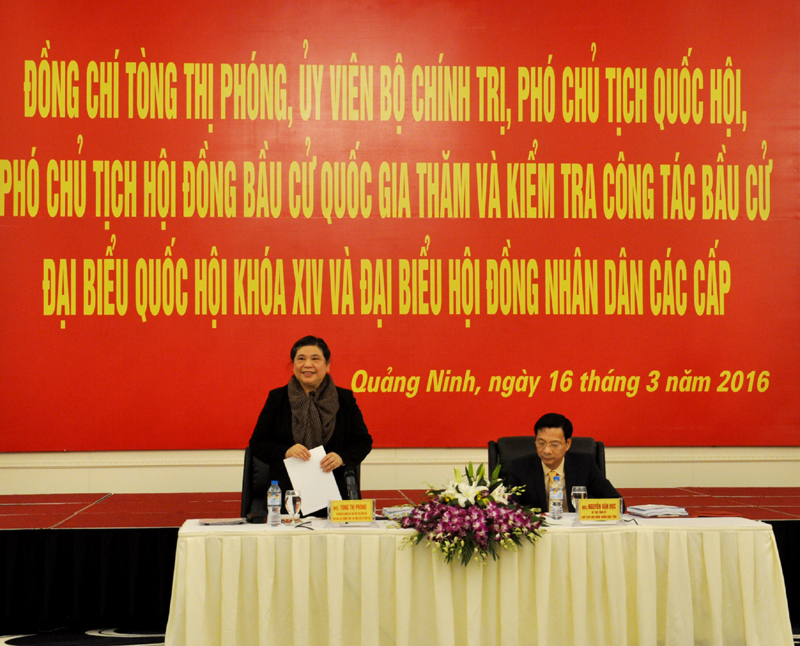 Phó Chủ tịch Quốc hội Tòng Thị Phóng phát biểu chỉ đạo tại buổi làm việc với tỉnh Quảng Ninh về công tác bầu cử đại biểu Quốc hội khóa XIV và đại biểu HĐND các cấp, nhiệm kỳ 2016-2021.