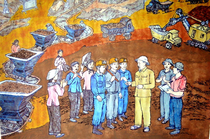 “Bác Hồ với công nhân mỏ” - Tranh khắc gỗ của hoạ sĩ Vũ Tư Khang.