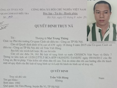 Đối tượng Trần Viết Hùng và quyết định truy nã từ tháng 9-2015 của Phòng CSKT.