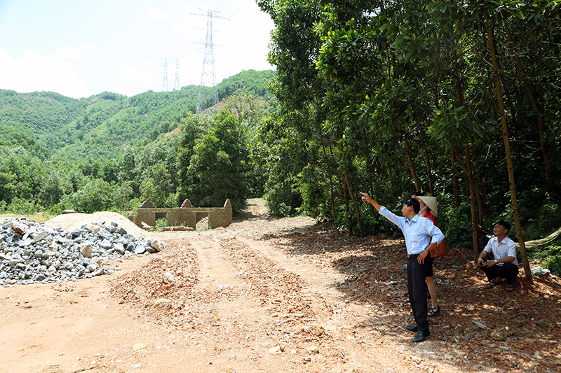 Ông Nguyễn Văn Sơn, Giám đốc điều hành Mỏ, Công ty TNHH Tiên Lâm chỉ cho PV Báo Quảng Ninh ranh giới Dự án khu khai thác đá làm vật liệu xây dựng của Công ty liên quan đến phần đất của gia đình ông Hoàng Văn Xìn