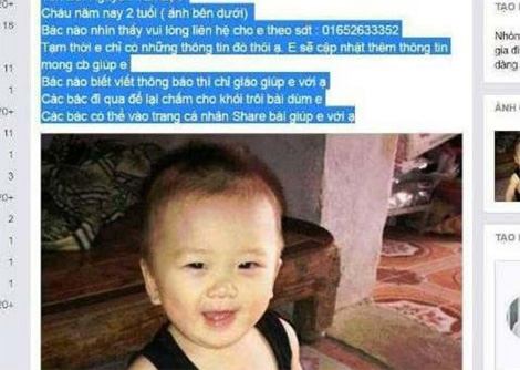 Ảnh cháu Khánh được gia đình đưa lên Facebook nhờ tìm kiếm.