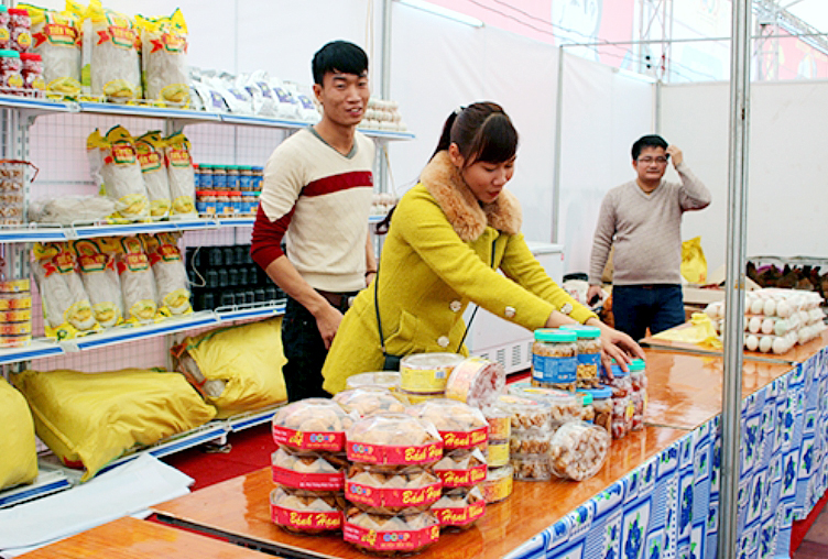 Sản phẩm kẹo lạc hồng cùng các sản phẩm OCOP khác của huyện Tiên Yên được bày bán tại Hội chợ OCOP Quảng Ninh Xuân 2016. Ảnh: Thu Chung (CTV)