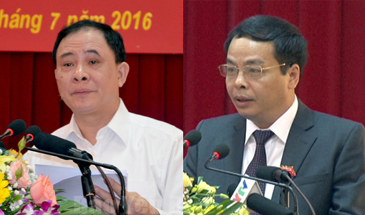 Bí thư Tỉnh ủy Yên Bái Phạm Duy Cường (trái) và Chủ tịch HĐND tỉnh, kiêm Trưởng ban Tổ chức Tỉnh ủy Yên Bái Ngô Ngọc Tuấn (phải).