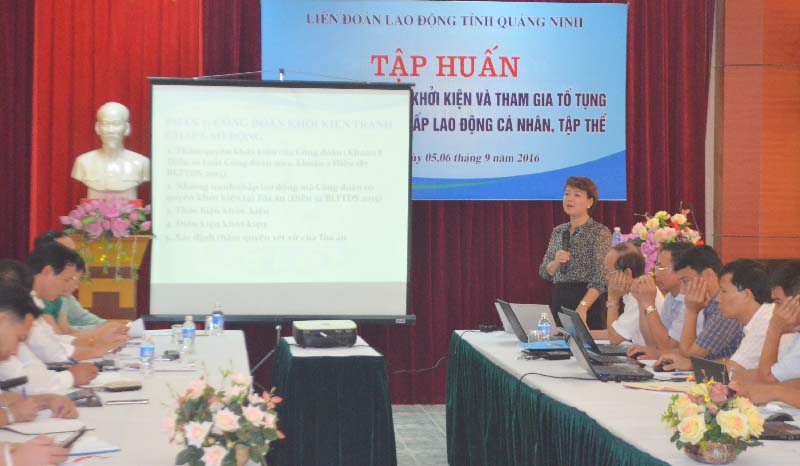 Tiến sĩ Trần Thị Thanh Hà, Phó Ban Quan hệ lao động (Tổng LĐLĐ Việt Nam) truyền đạt  nội dung về Công đoàn tham gia khởi kiện tranh chấp lao động.