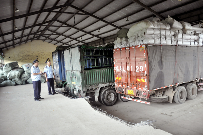 Lực lượng chức năng huyện Bình Liêu kiểm tra hàng hóa tại bãi xe cửa khẩu Hoành Mô.