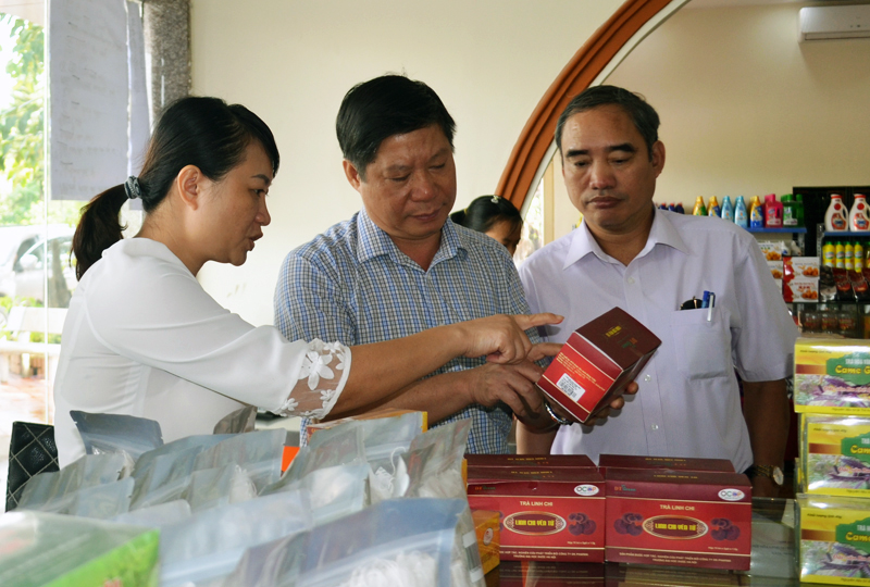 Khách hàng tìm hiểu sản phẩm trà linh chi Yên Tử được bày bán tại Trung tâm Giới  thiệu sản phẩm OCOP Đông Triều.