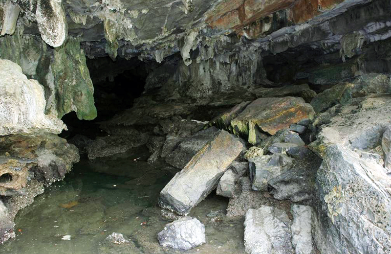Trần hang và nhũ đá trên trần hang Đại Thành bị rơi theo mặt lớp do trọng lực