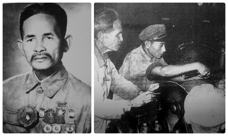 Di ảnh Anh hùng Lao động Lê Văn Hiển (ảnh trái); Anh hùng Lê Văn Hiển hướng dẫn một người thợ trẻ. (Ảnh tư liệu của Công ty Tuyển than Cửa Ông).