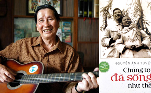 Nhạc sĩ Phạm Tuyên và bìa cuốn hồi ký của người vợ quá cố (ảnh nhân vật cung cấp).