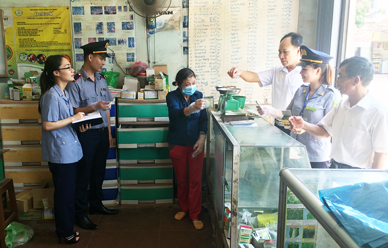 Lực lượng chức năng tỉnh kiểm tra định kỳ tại cửa hàng bán thuốc BVTV Thái Hải (TX Quảng Yên). Ảnh: Hoàng Nga