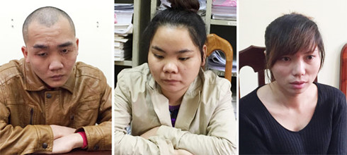 Nhóm đối tượng bắt cóc tống tiền tại trụ sở cơ quan Công an. Từ trái qua: Hoàng Ngọc Trai, Trần Thị Linh và Nguyễn Thị Lý.