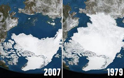 Hình ảnh phản ánh sự thay đổi diện tích băng ở Bắc Cực theo thời gian.