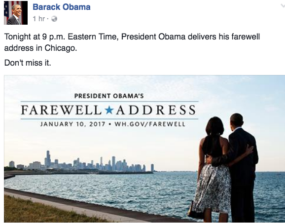 Tổng thống Obama đăng status trên Facebook về sự kiện đọc diễn văn từ biệt.