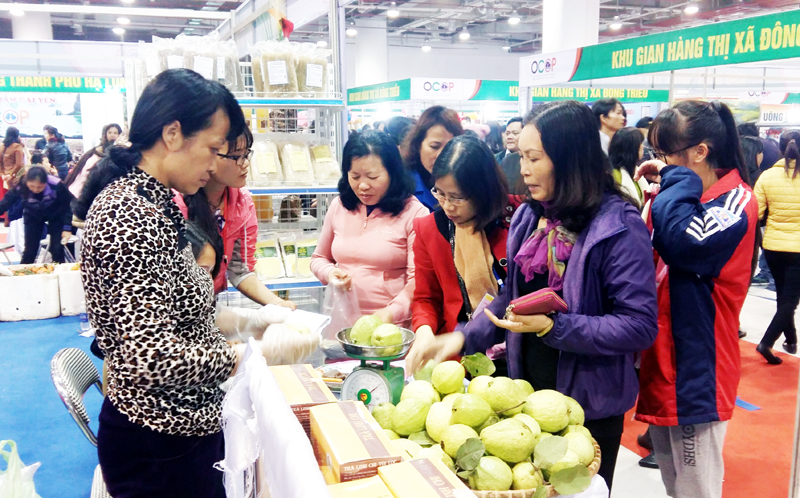 Đông đảo người dân mua sắm các mặt hàng thực phẩm tại Hội chợ OCOP Quảng Ninh 2017. 