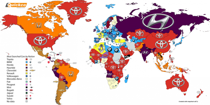 Toyota là thương hiệu được tìm kiếm nhiều nhất ở 74 nước.