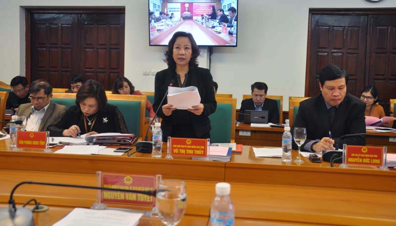 Đồng chí Vũ Thị Thu Thuỷ, Phó Chủ tịch UBND tỉnh báo cáo tình hình thực hiện công tác cải cách tổ chức bộ máy hành chính nhà nước của tỉnh