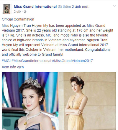 Fanpage của Miss Grand International xác nhận Huyền My là đại diện Việt Nam.